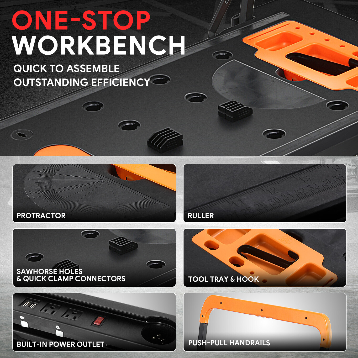 220 LBS 7-In-1 Multifunctioanl Adjustable Foldable Work Bench w/ 4 Wheels Orange