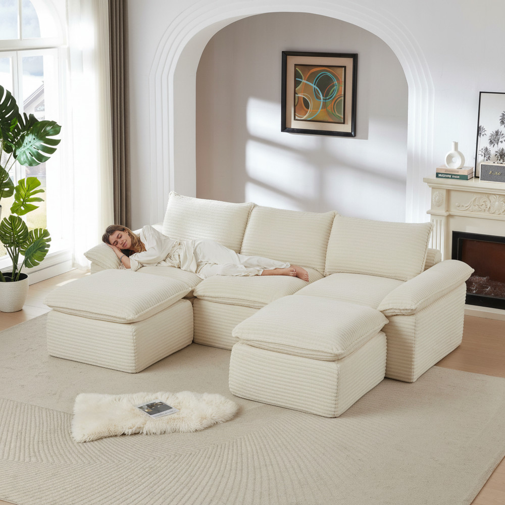 Modern Corduroy Cloud Sofa w/ Comfortable Seating, 5-Seat Sectional