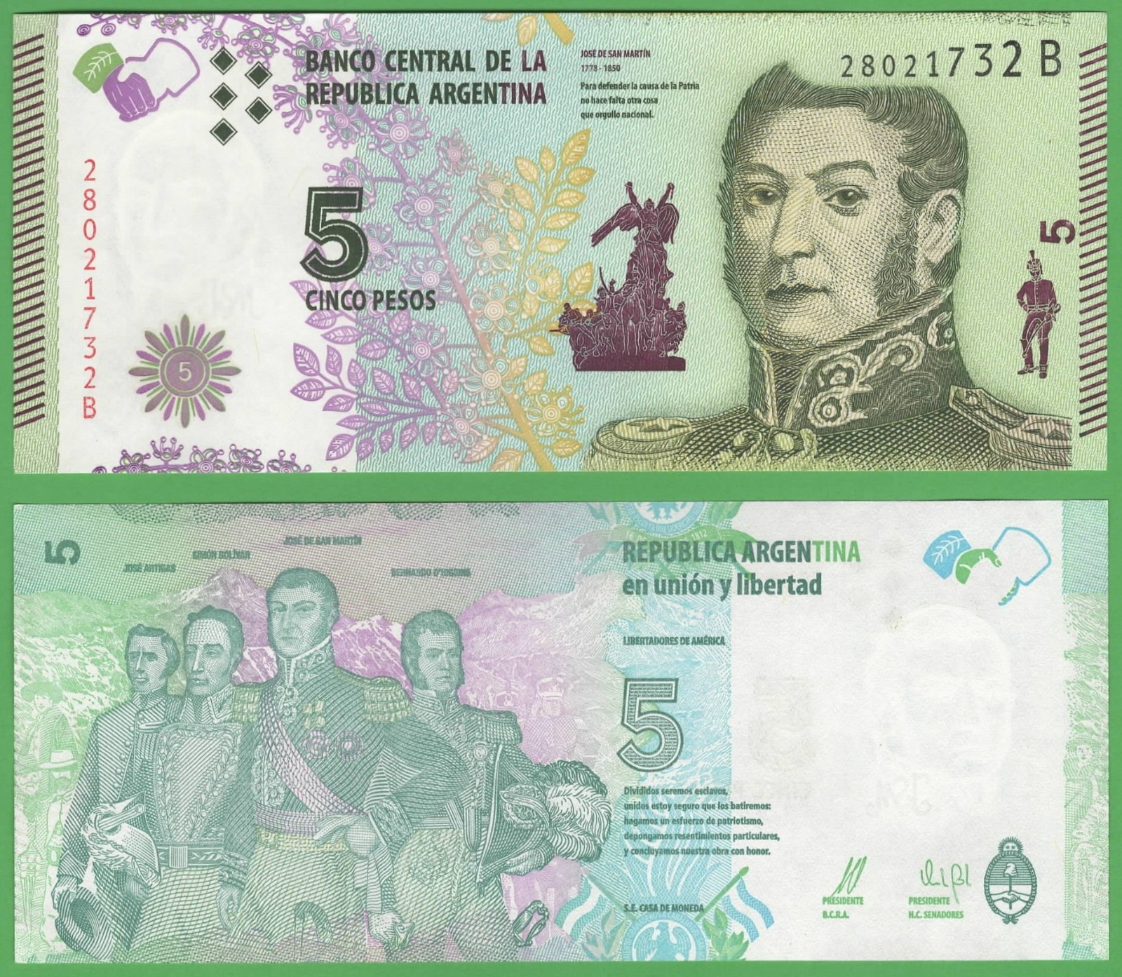 Argentina 5 Pesos 2015 P-359 Uncirculated South American Currency
