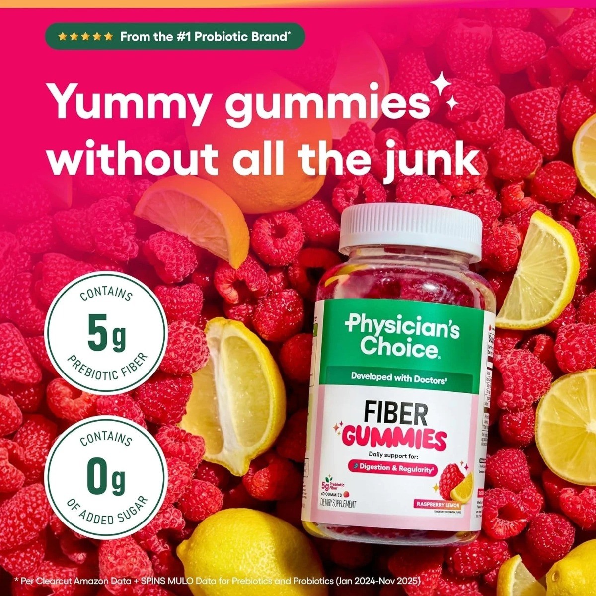 Physician’s Choice Fiber Gummies for Digestive Health & Regularity - Raspberry L