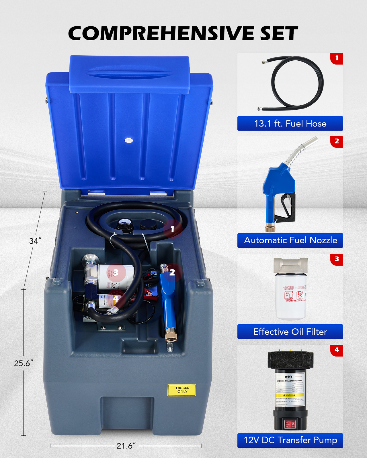 OMT 58 gal Portable Diesel Tank w 12V Transfer Pump for Easy Fuel Transportation