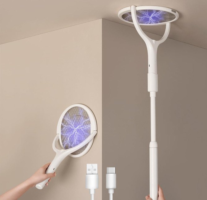Raqueta eléctrica para moscas con cabeza rotatoria, recargable, con extensión te