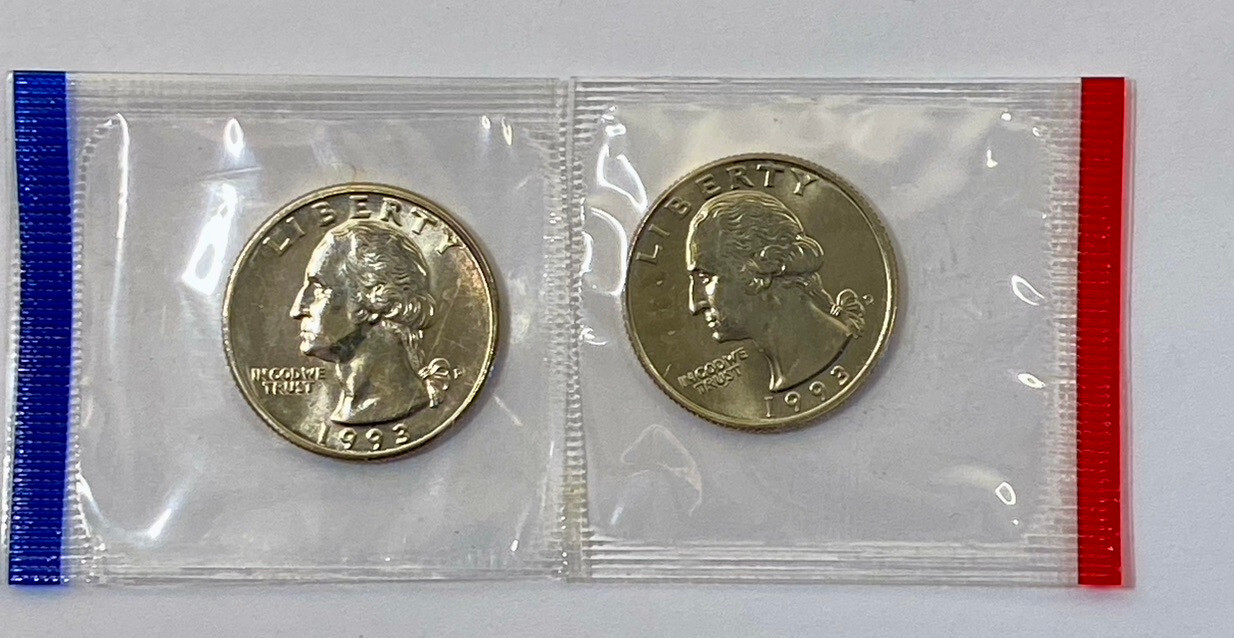 1993 P&D Washington Quarters Uncirculated in US Mint Set Cello