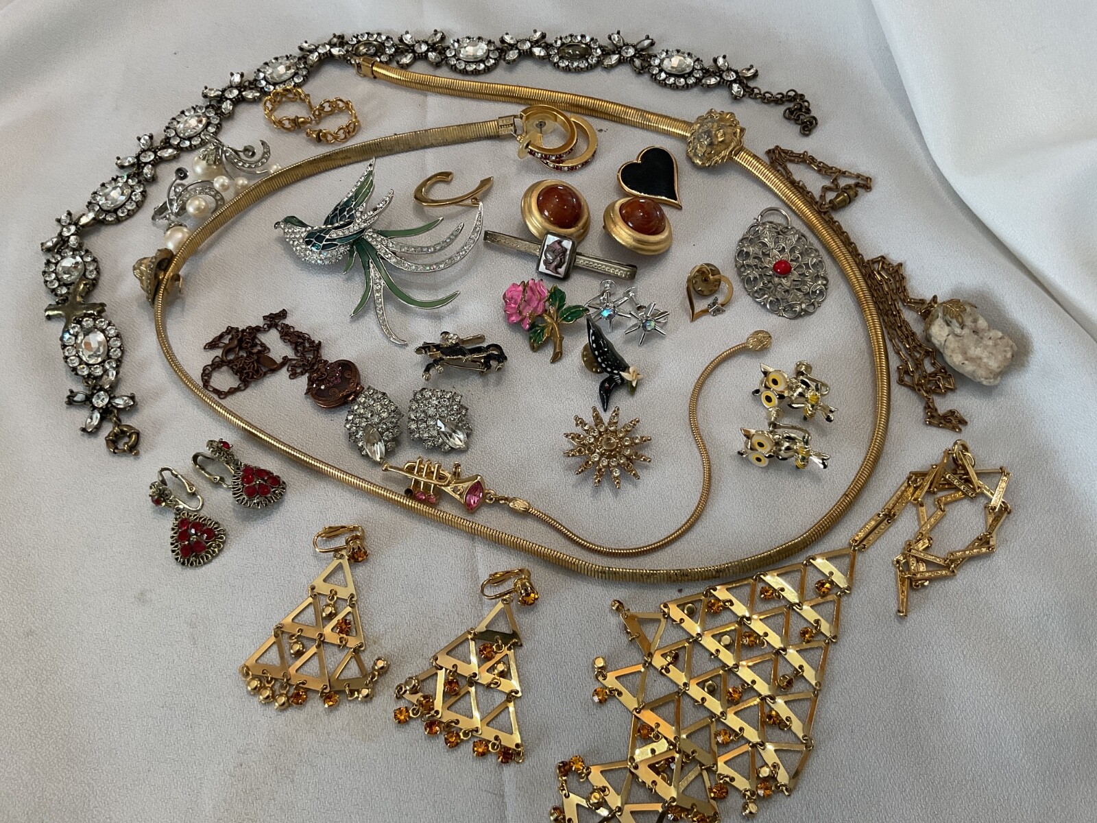 Vintage Jewelry  Lot Owl earrings, Peacock brooch, Horse,Belt, necklaces Estate