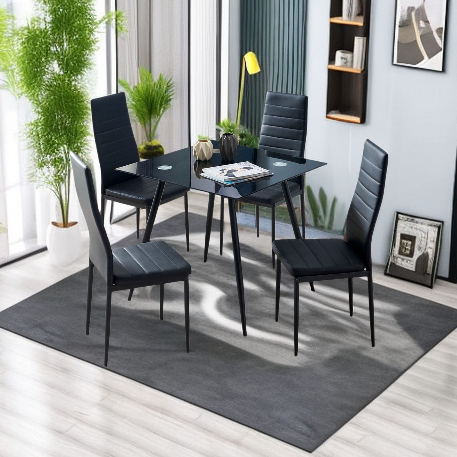 4pcs Dining Chairs - PU Leather, Black High Back, Cross-Stitch & Round Tube Legs