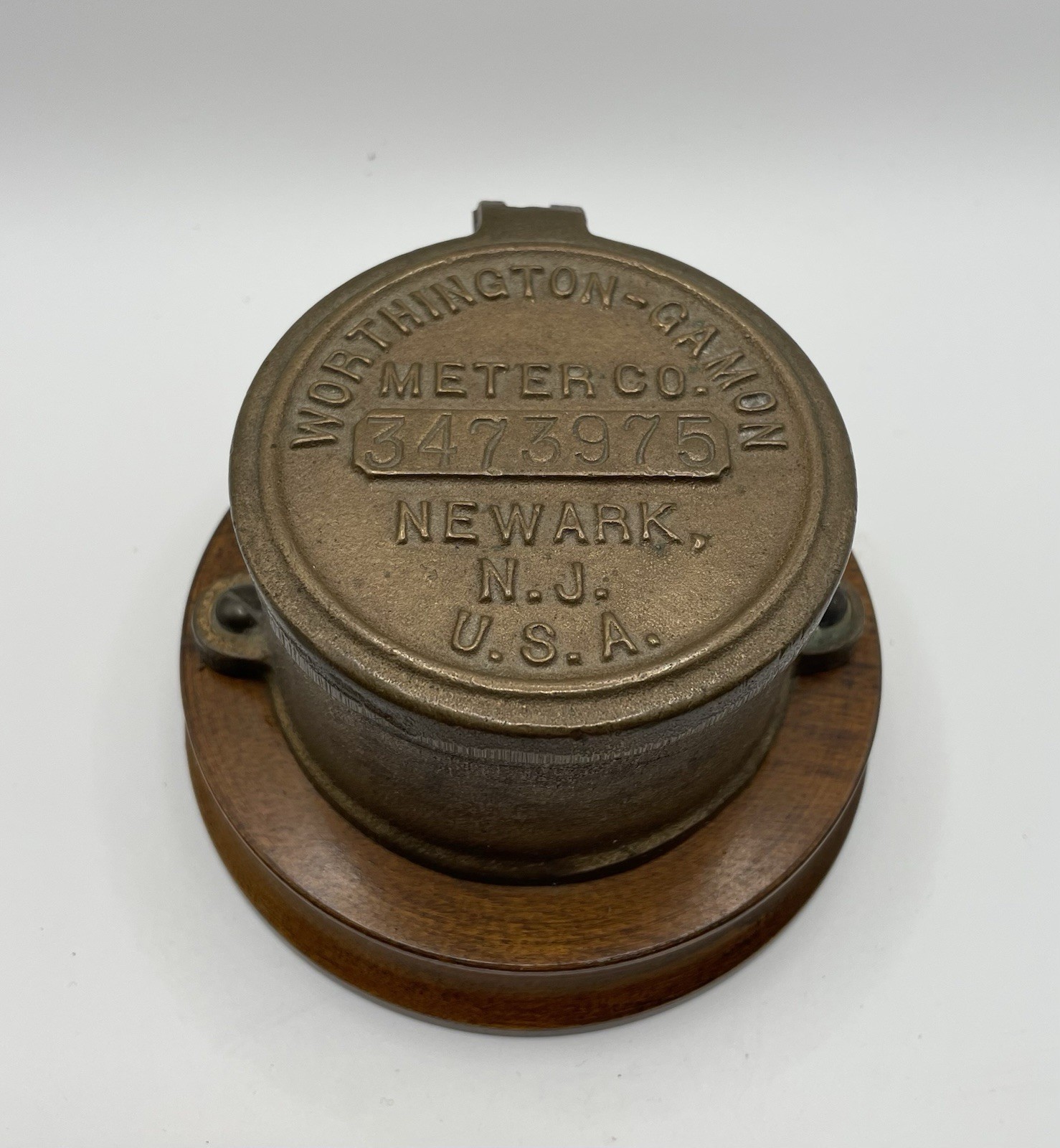 Worthington Gamon Meter Co. Cap Newark New Jersey NJ USA Brass Mounted On Wood