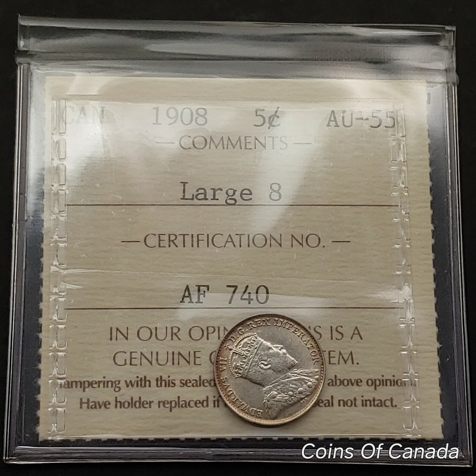 1908 Canada 5 Cent Coin - Old Graded ICCS AU-55 Large 8 Variety #coinsofcanada