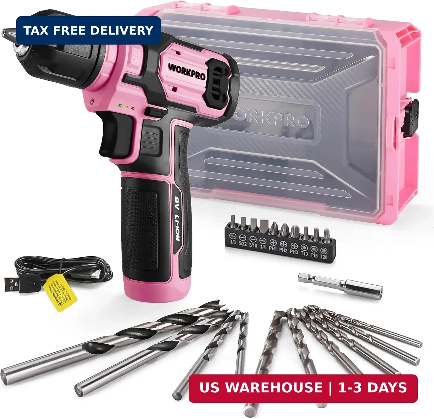 Pink Power Drill Set and Stackable Tool Box, 8V Cordless Drill Driver wi