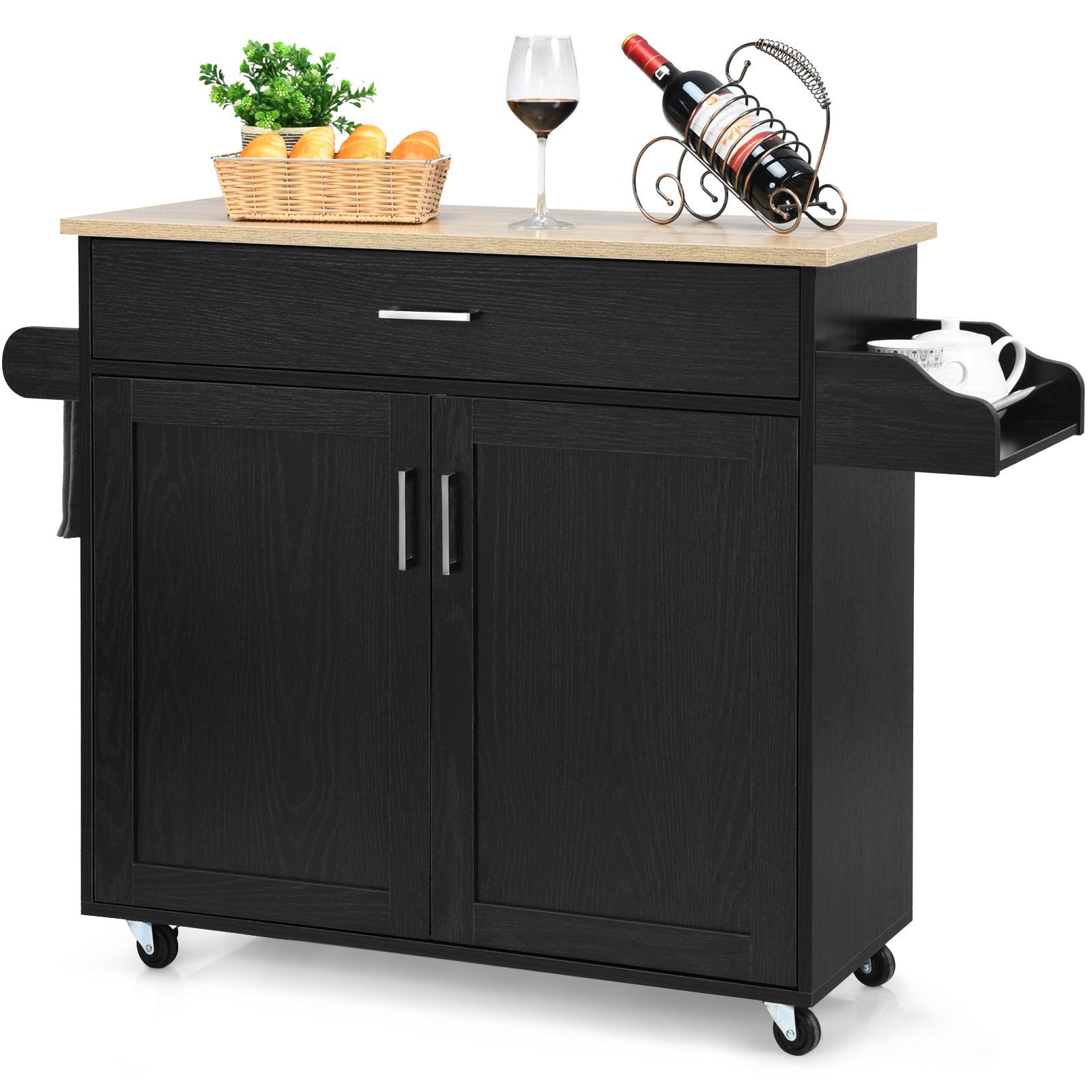 Costway Rolling Kitchen Island Cart Storage Cabinet w/ Towel & Spice Rack Black