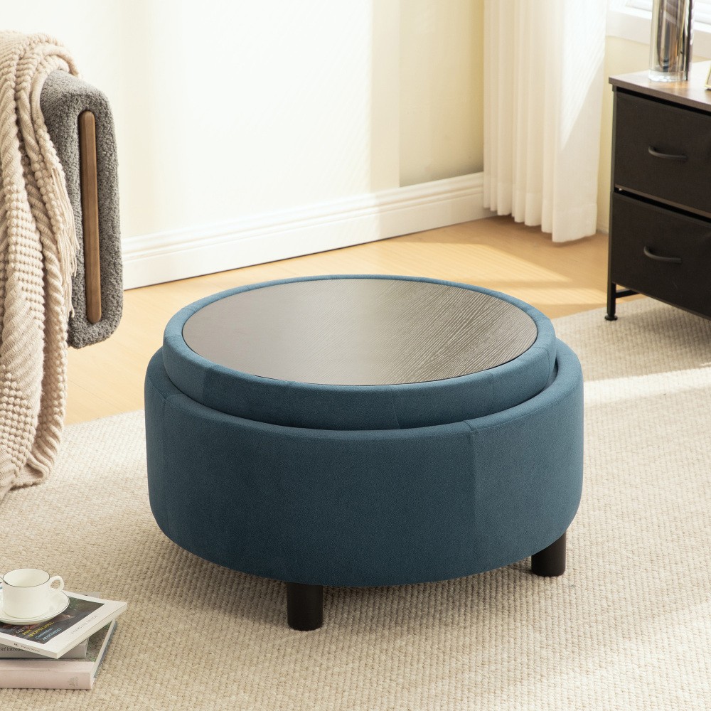 29.33inUpholstered Round Ottoman With Reversible Lid Fleece Fabric Storage Stool