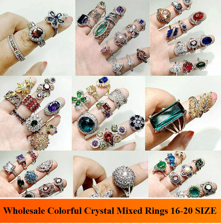 10-100Pcs Wholesale Colorful Crystal Mixed Rings Bulk Finger Band Ring Jewelry