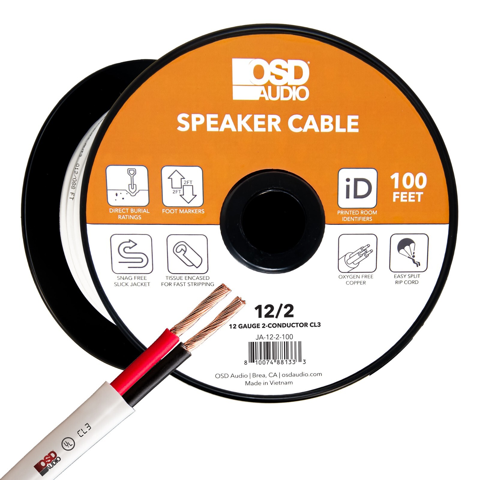12/2 Speaker Wire 100Ft Outdoor Rated CL2/CL3 Direct Burial Oxygen Free, White