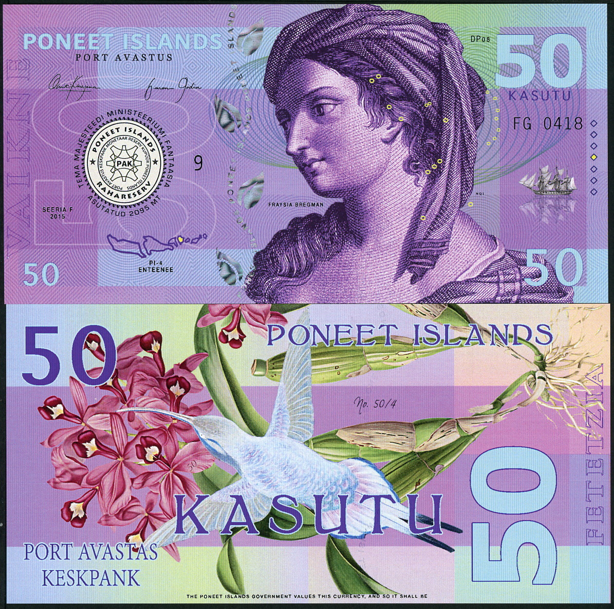 PONEET ISLANDS 50 KASUTU 2015 POLYMER FANTASY ART BANKNOTE NOTE- HUMMINGBIRD!