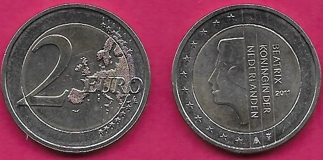 NETHERLANDS 2 EURO 2011 UNC 2nd MAP,AN UNCLUTTRED PORTRAIT OF QUEEN BEATRIX,ACCO