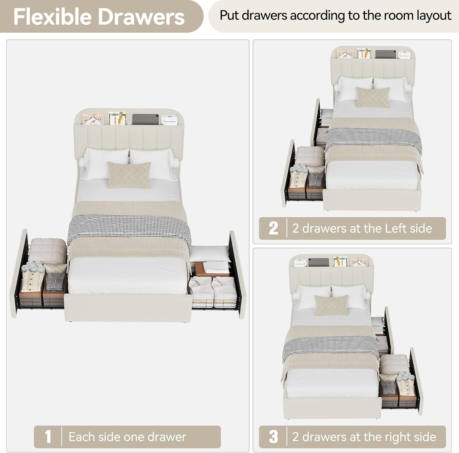 Beige Twin Size Bed Frame Upholstered Platform Bed with Headboard & 2 Drawers