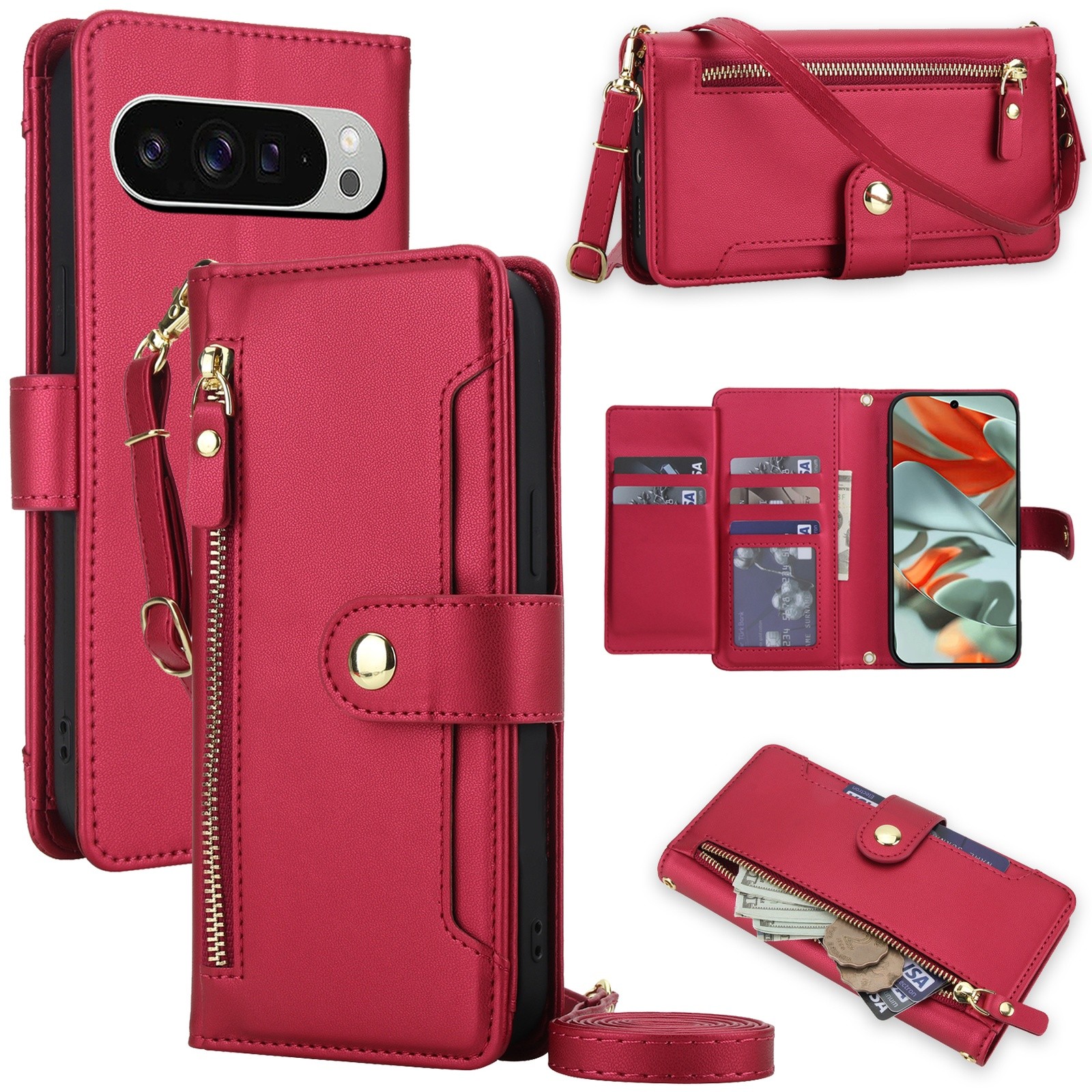For Google Pixel 10 Pro XL/9 Pro/8A Crossbody Card Slot Stand Zipper Wallet Case