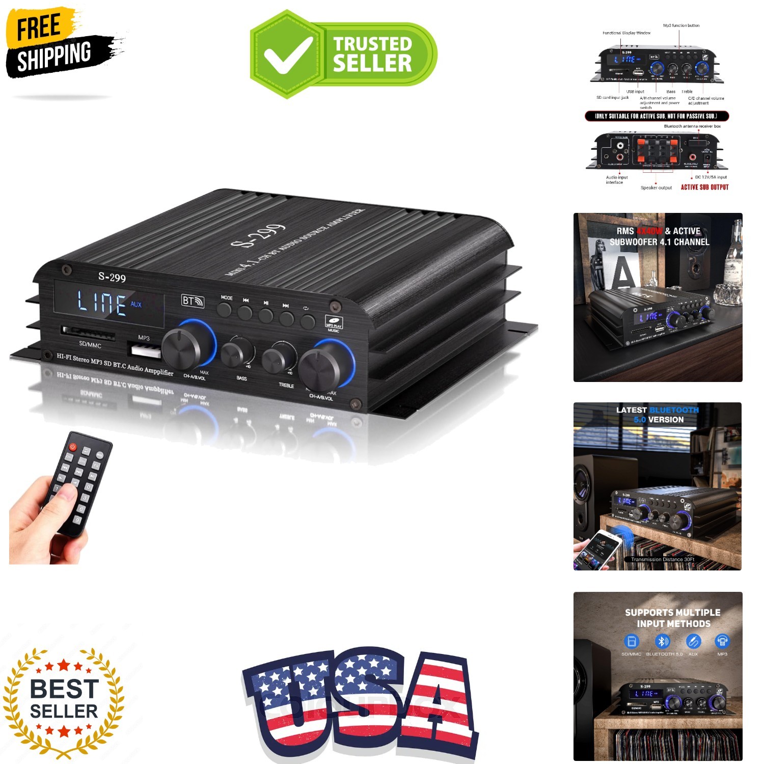 4.1CH Bluetooth 5.0 Stereo Amplifier, Max 800W RMS 40Wx4 Subwoofer Amplifier ...