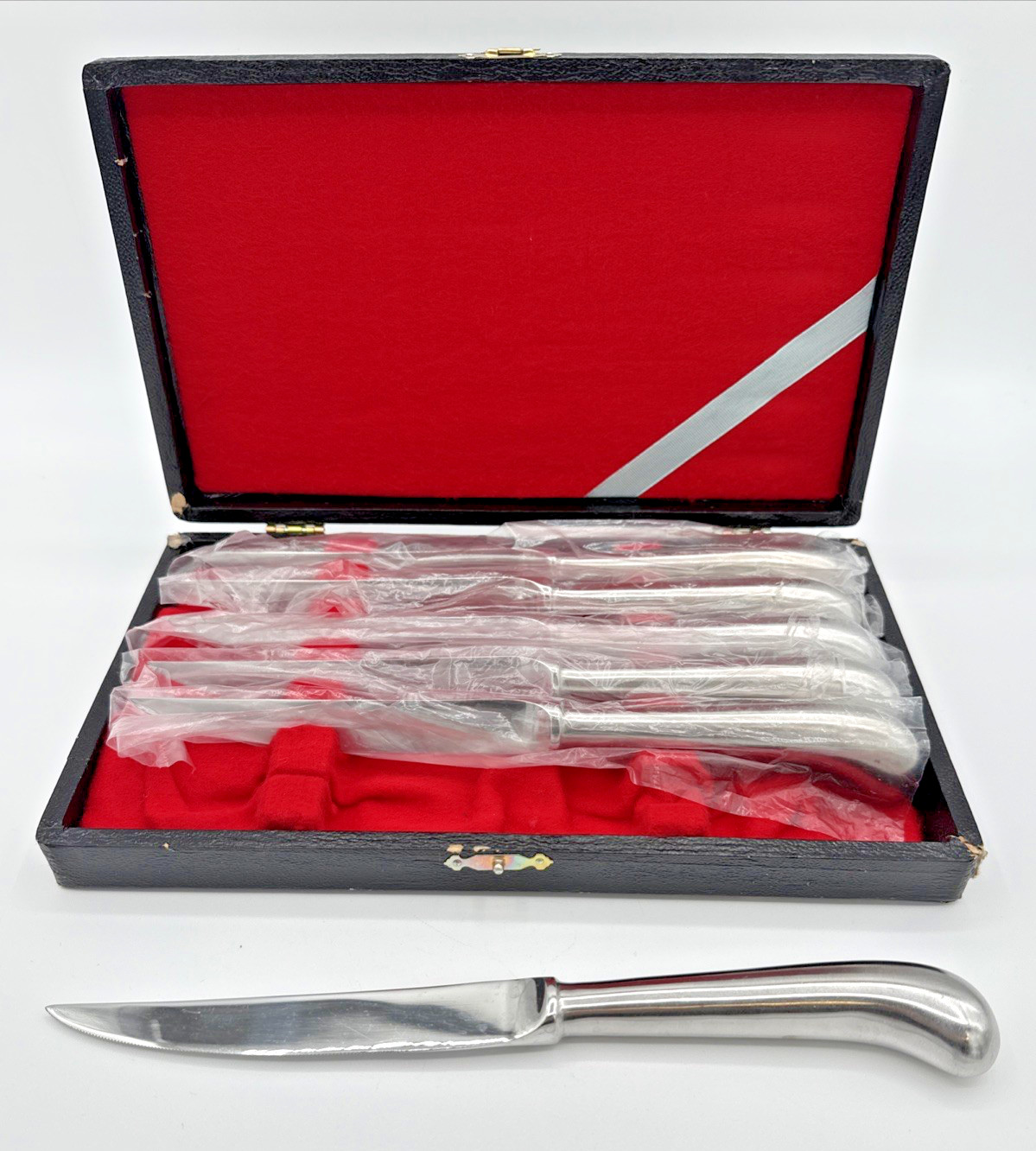 Vintage Set of 6 Stainless Steel Made in Japan Knife Set In Velvet Lined Box MCM