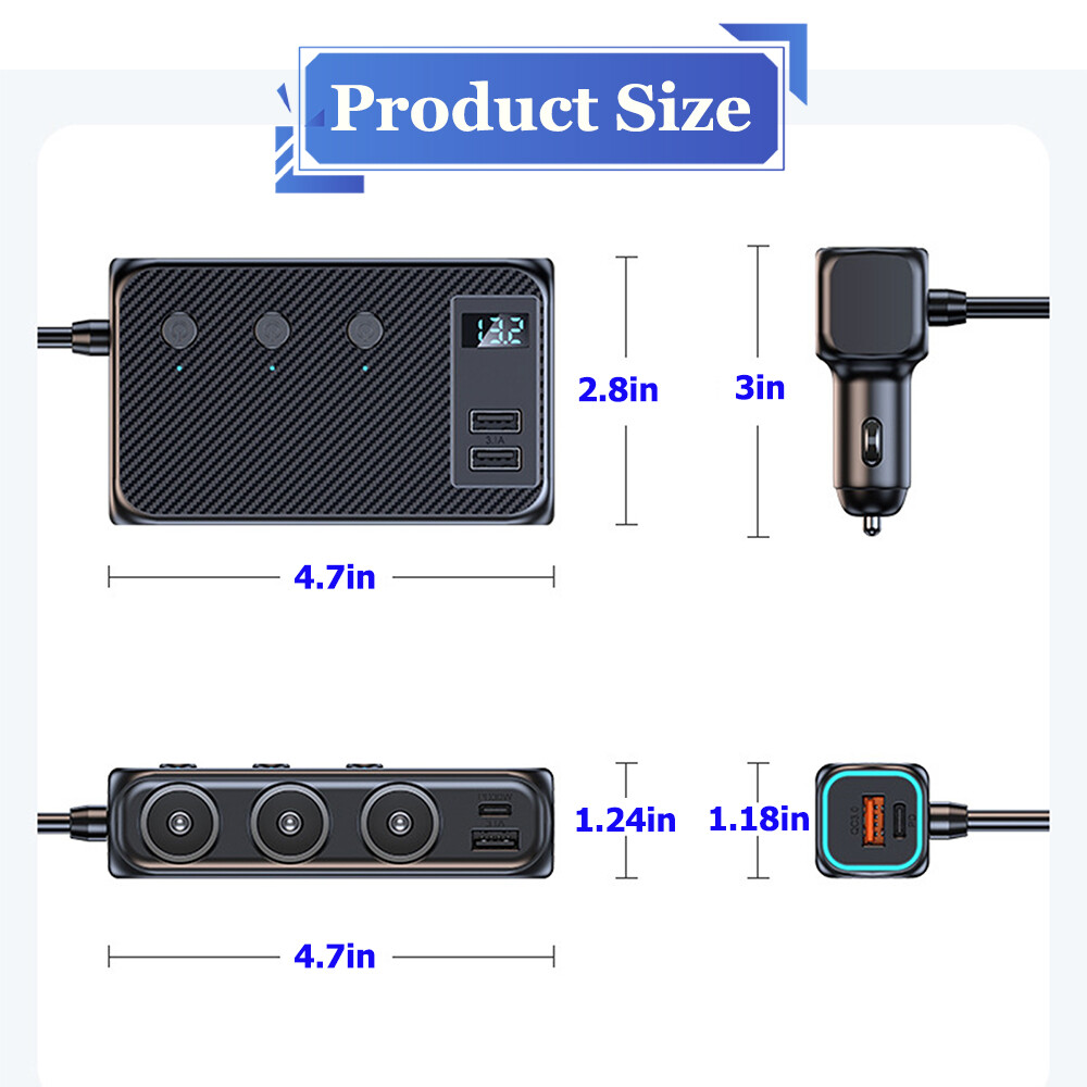 3Way Car Cigarette Lighter Socket USB C Plug Fast Charger Power Adapter Splitter