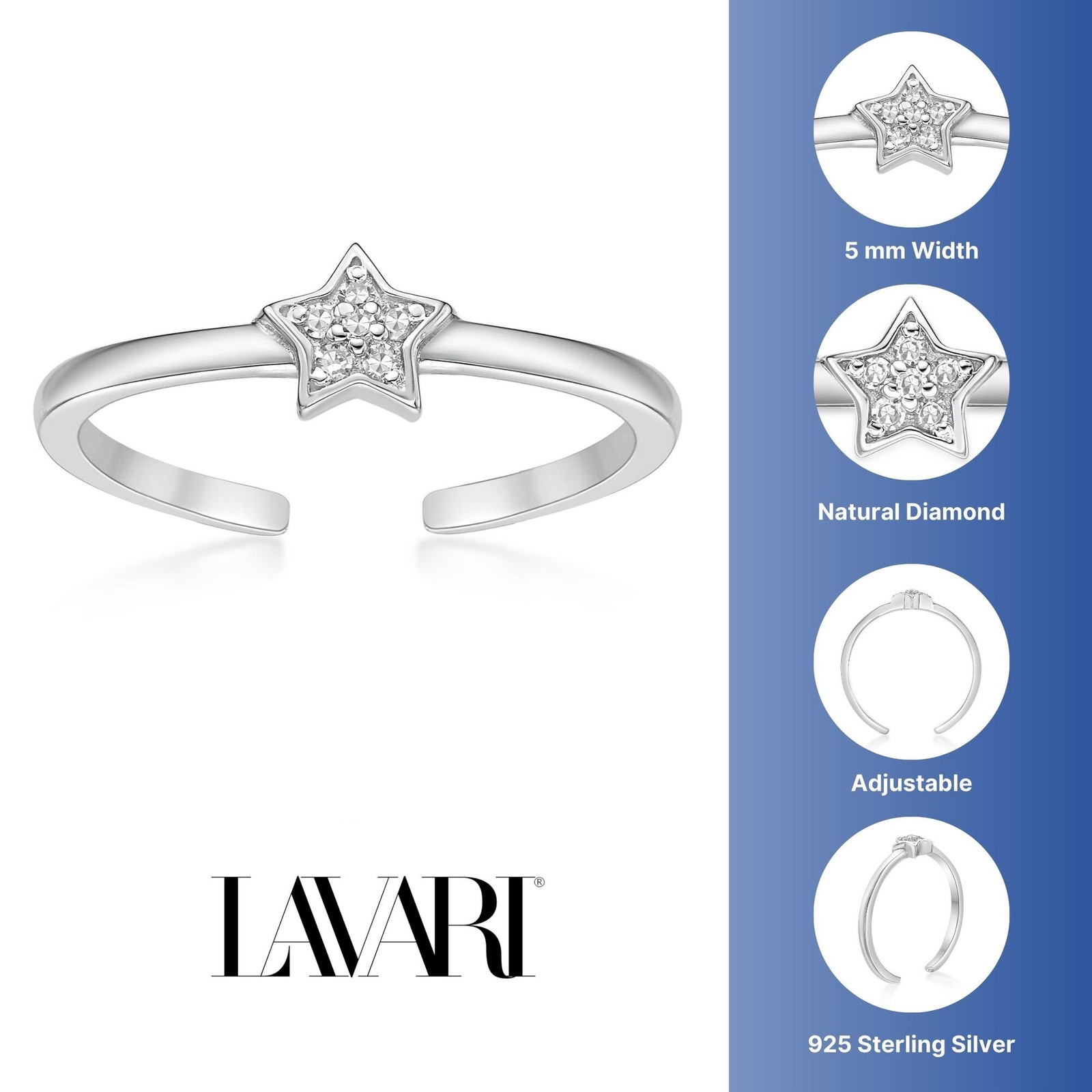 925 Sterling Silver Star Adjustable Toe Ring With Natural Diamond Fine Jewelry