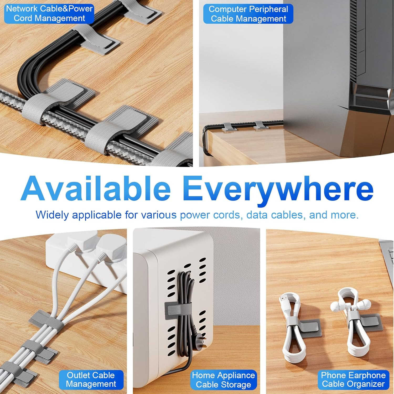 80 PCS Hook and Loop Cable Ties, Self Adhesive Cable Management Straps, Reusable