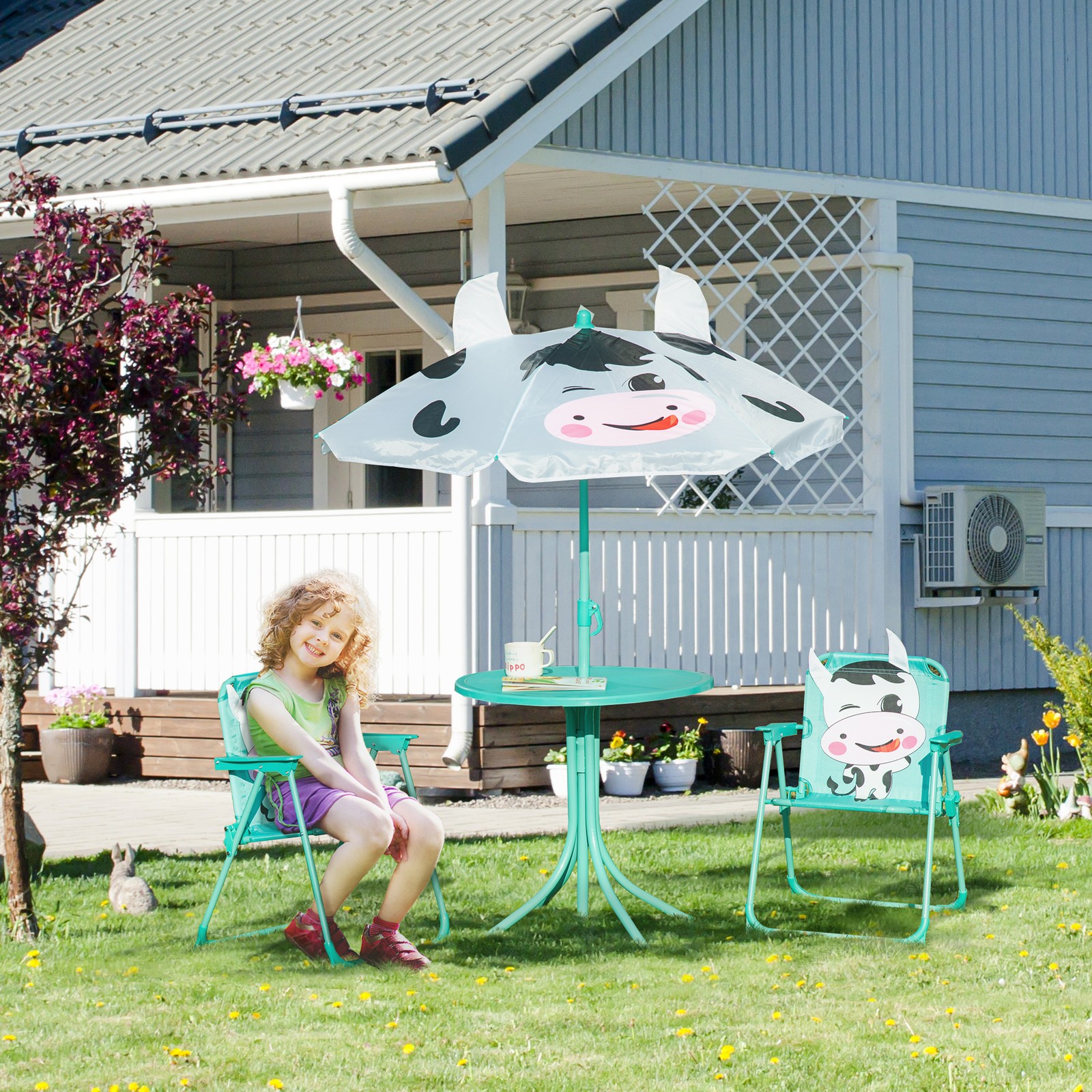 Kids Picnic Table Chair Set Outdoor Patio Furniture W/ Umbrella White