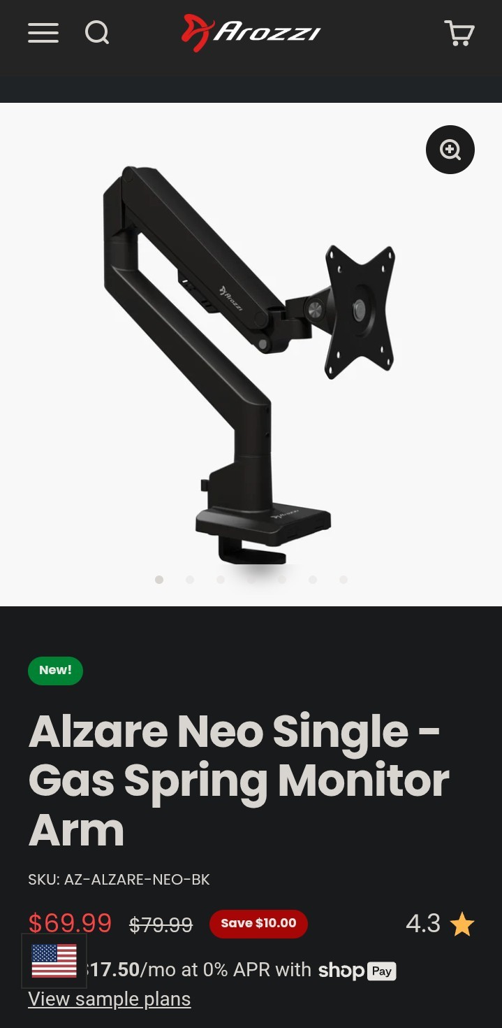 Arozzi Alzare Neo Single Gas Spring Monitor Mount Arm 17-32" 19 lb Mx Retail $79