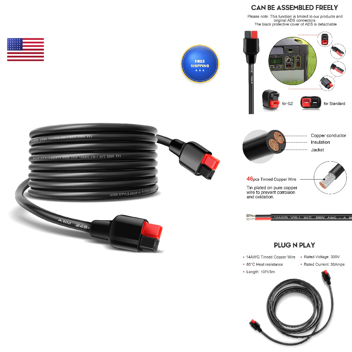 Paekq 14Awg 30A Solar Extension Cable - Anderson Connector Compatible Yeti /