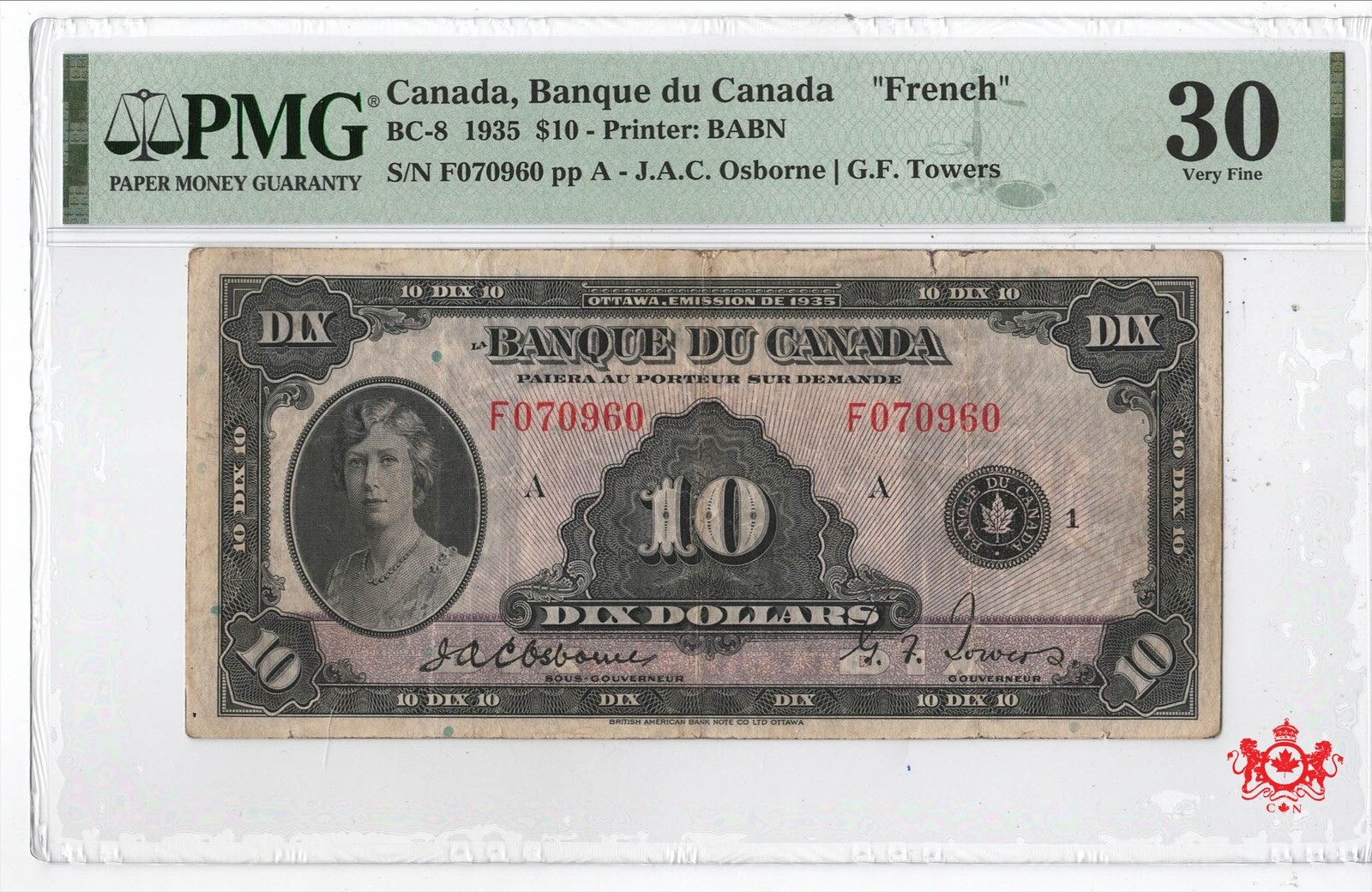 1935 Bank Of Canada 10$ French F070960 - PMG VF30 -