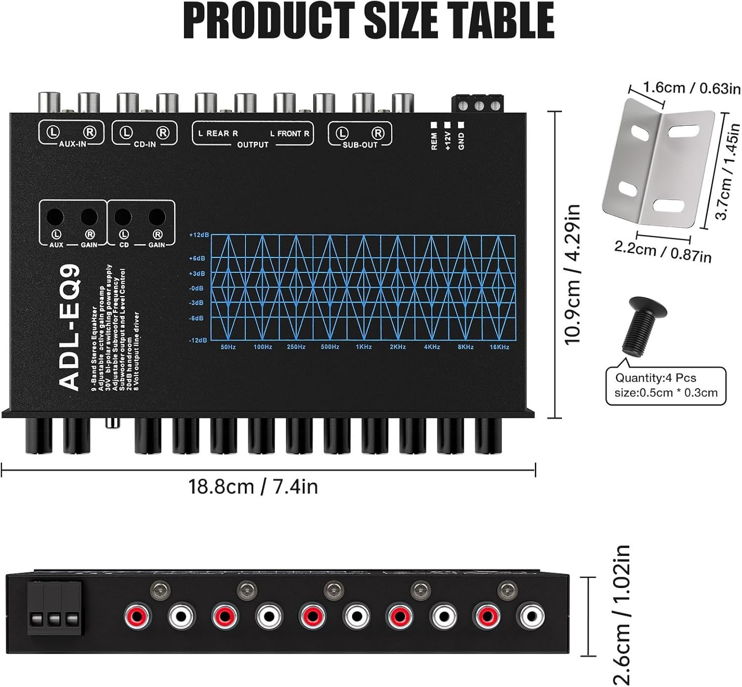 9-Band Car Equalizer with CD/AUX Input & Adjustable Subwoofer Control