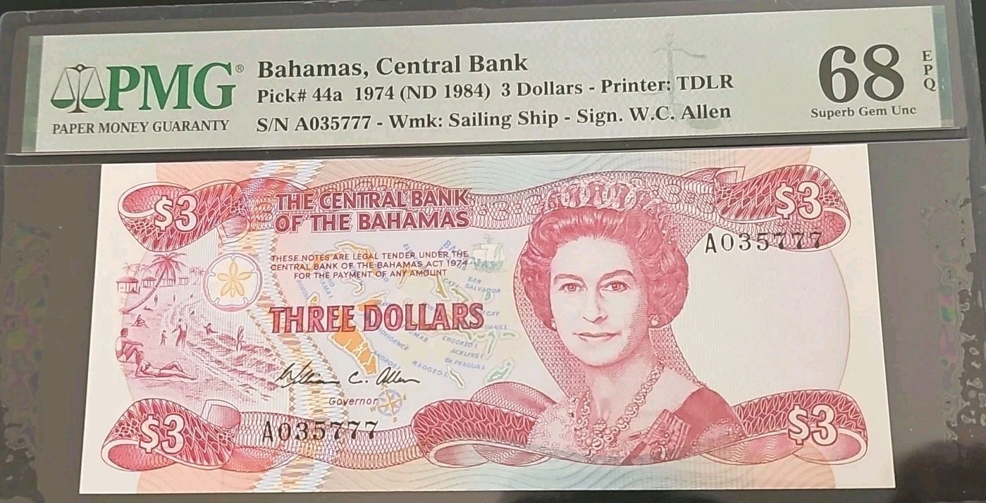 BAHAMAS- 3 Dollars P44a. - ND 1974 (1984) PMG 68 EPQ Superb Gem Uncirculated