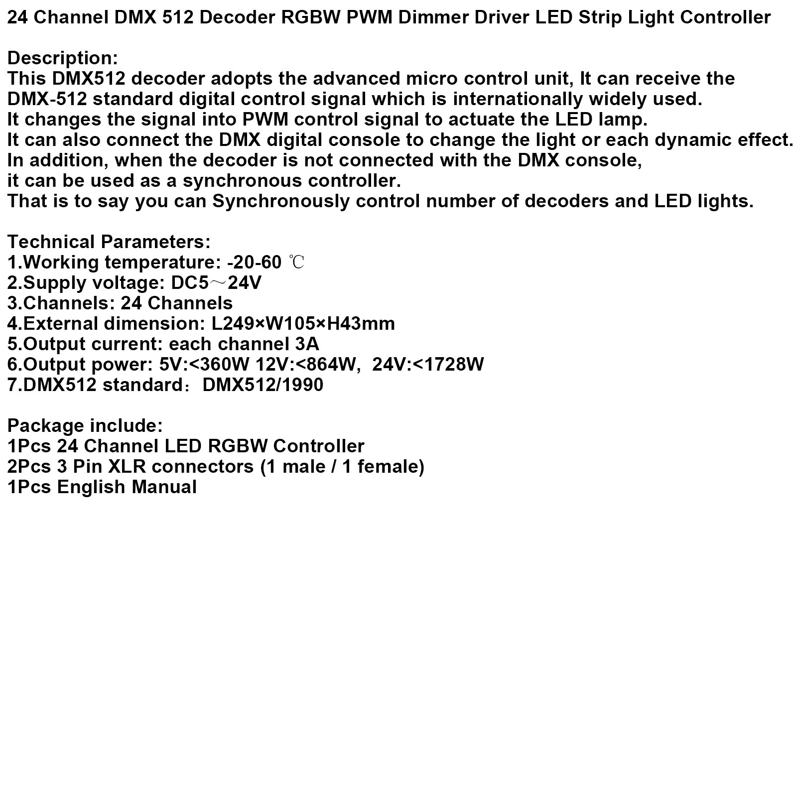 24 Channel DMX 512 Decoder RGBW PWM Dimmer Driver LED Strip Light Controller US