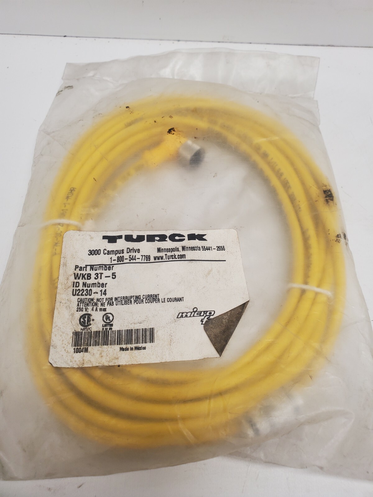 NEW OLD STOCK! TURCK 3-PIN FEMALE CORDSET WKB-3T-5