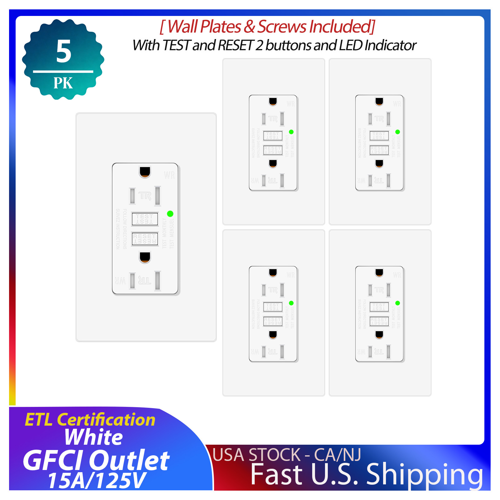 5 Pack 15 Amp GFI Electrical GFCI Outlet,TR & WR,with LED Indicator & Wall Plate