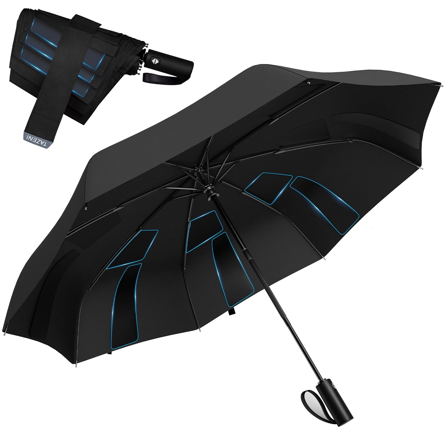 Auto-Tidy Travel Umbrella, Auto Open Close Compact Umbrella for Rain, BIACK