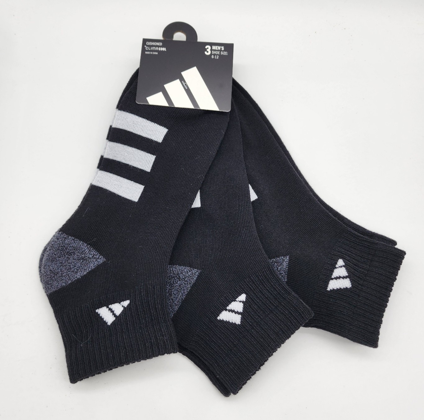 3 Pair Adidas Quarter Length Socks, Men's Shoe Size 6-12, Black, Gift L9