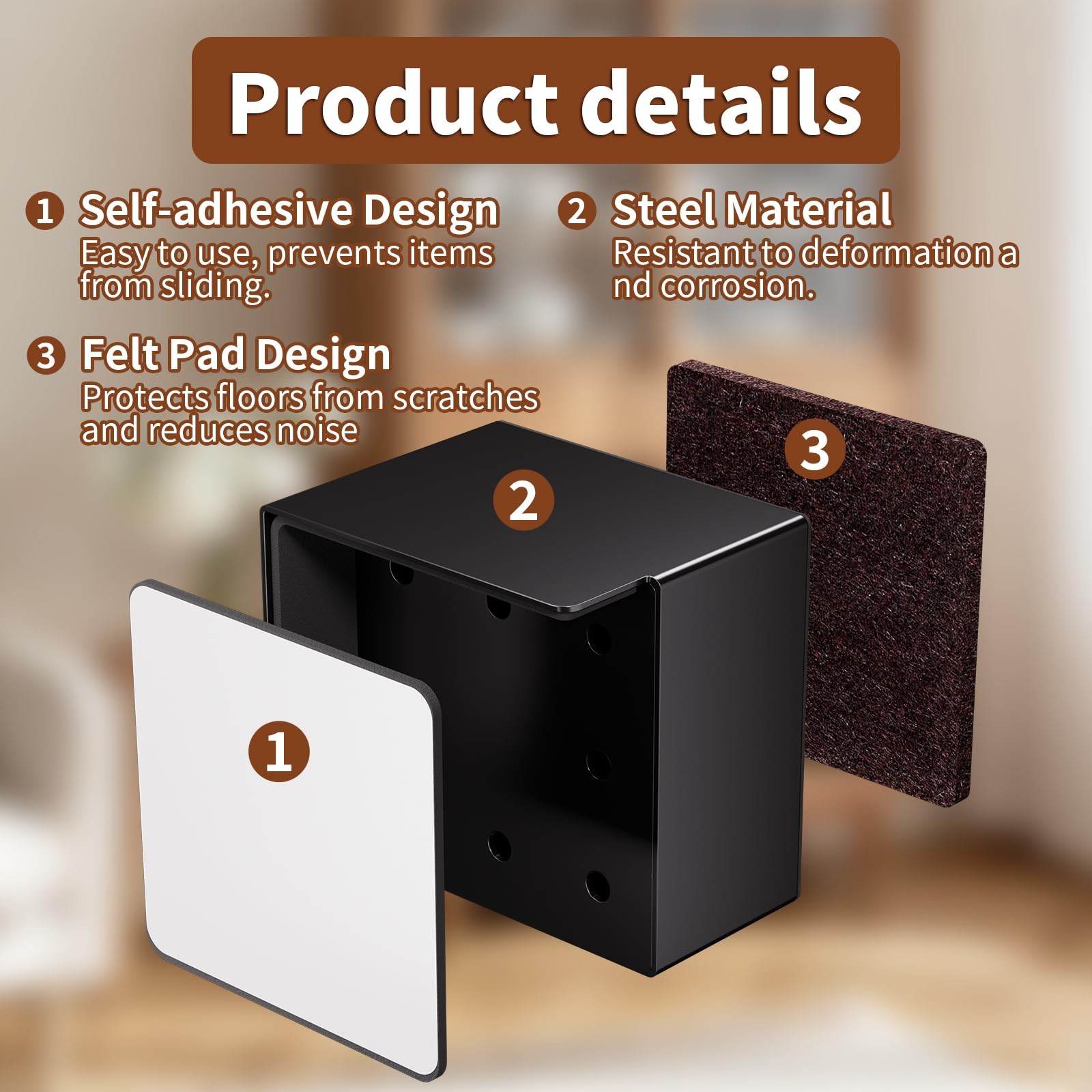 Bed Risers 2 Inch Heavy Duty 4 Pack Black Square Metal Self-Adhesive
