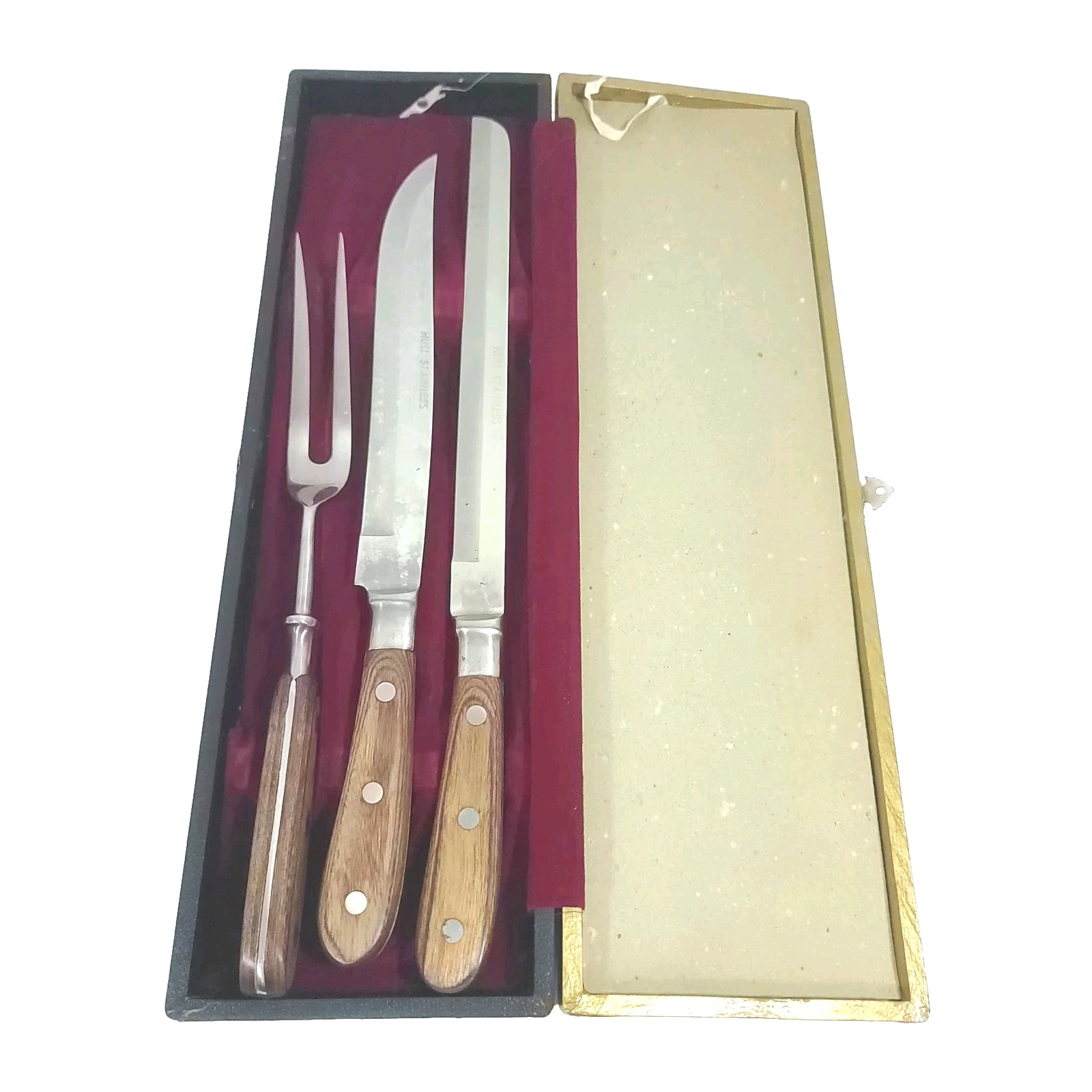 Vintage Hull Carving Serving Knife Set Mid Century Wood Handles Stainless Steel