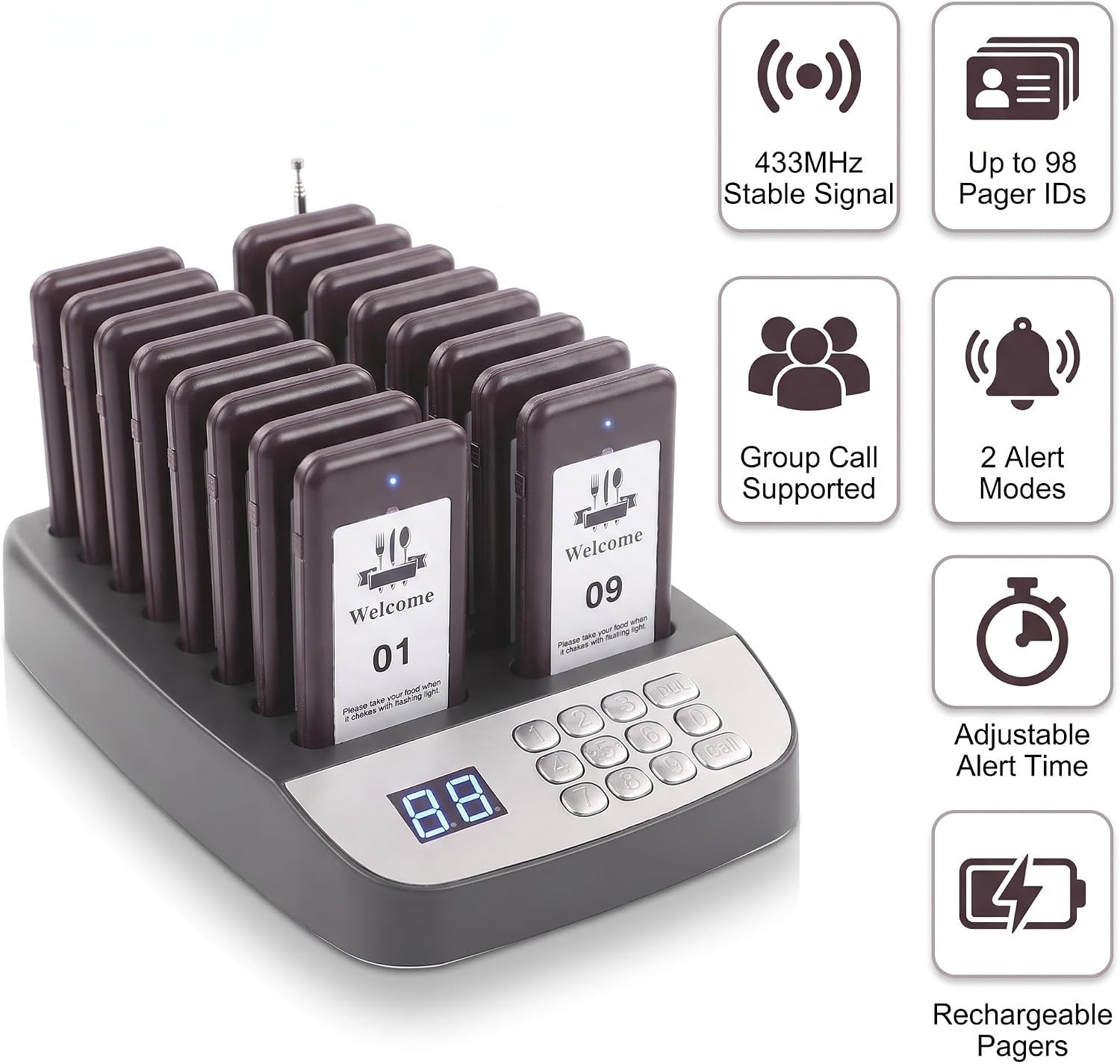 16-Pager Wireless Restaurant Paging System - 500ft Range for Quick Notifications