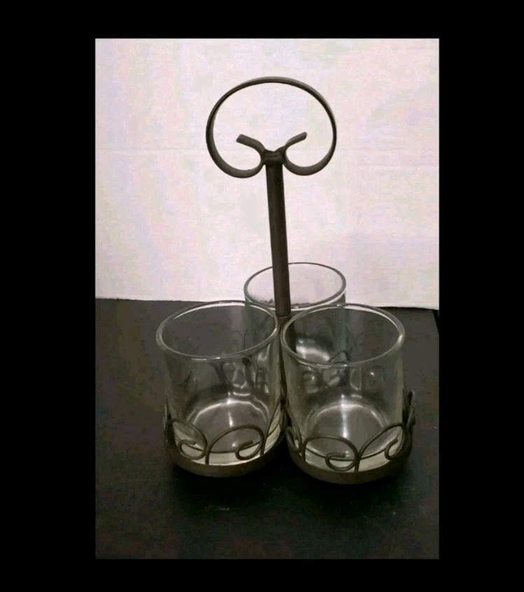 Candle Stand 3 Glass Cups For Candles Wrought Iron Holder 3 Piece Clear Glass