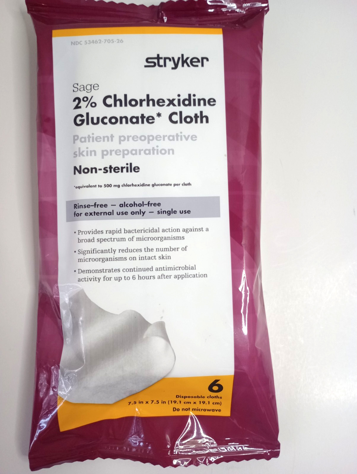 STRYKER 2% CHLORHEXIDINE GULCONATE CLOTHS - CONTAINS 6 DISPOSABLE CLOTHS