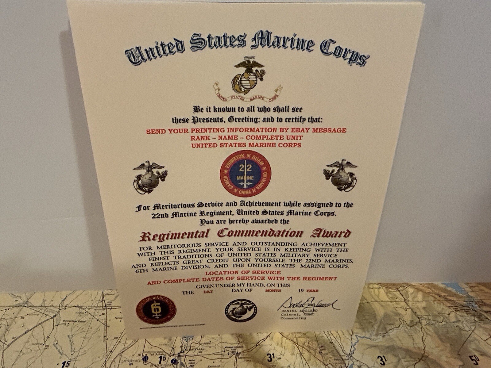 U.S.M.C. / 22ND MARINE REGIMENT - REGIMENTAL COMMENDATION AWARD CERTIFICATE