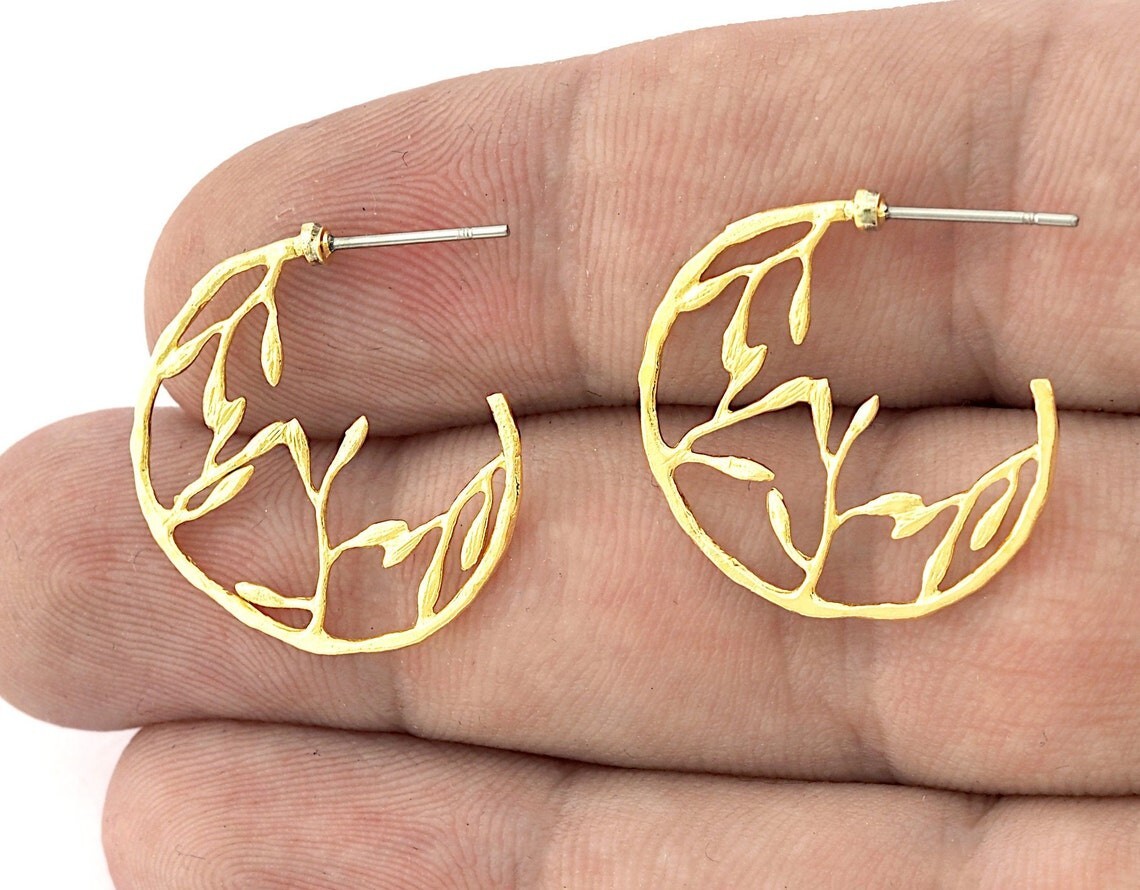 1 pair Branch , Leaf Nature Stud Earring Post Shiny Gold Plated Brass 24 mm 5182