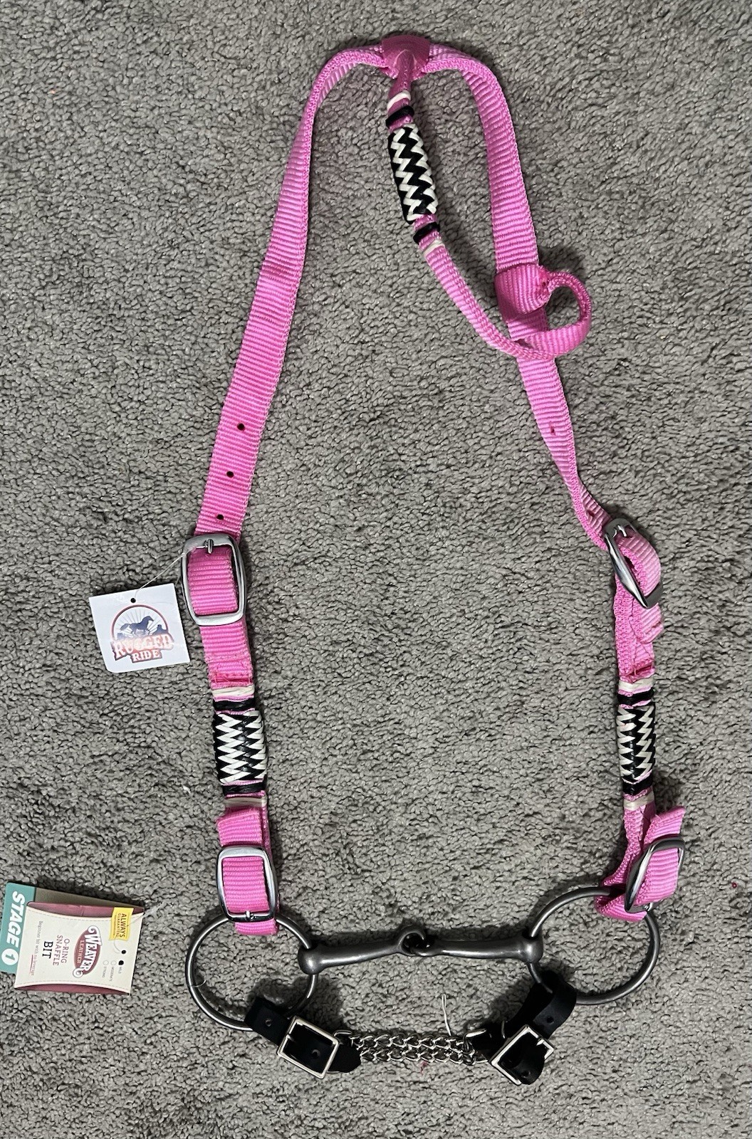 NEW Hot Pink And Rawhide Single Ear Headstall With Snaffle Bit And Curb Chain