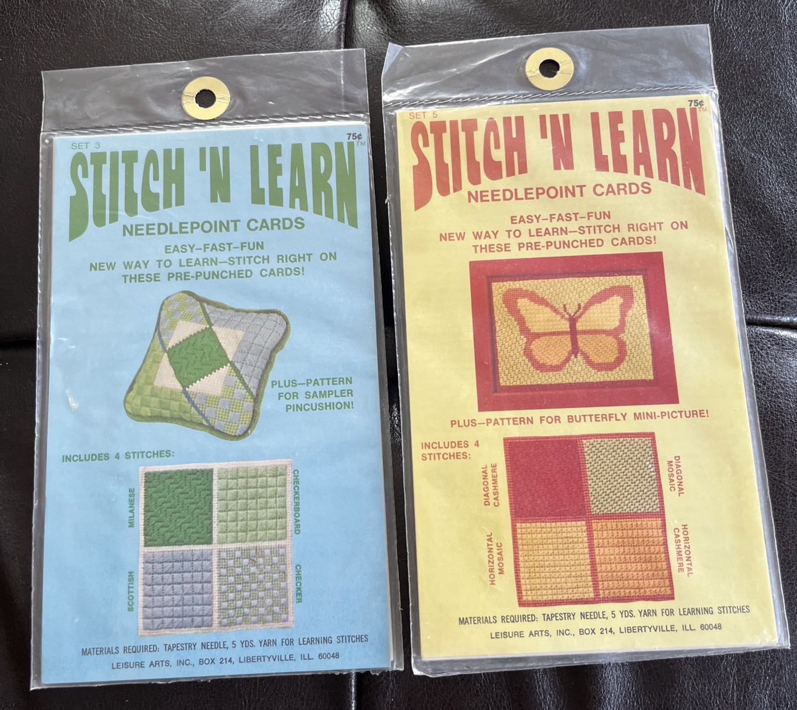 2 Vintage Stitch ‘n Learn Needlepoint Cards 1973 Barbara Hunter Set 3 & Set 5