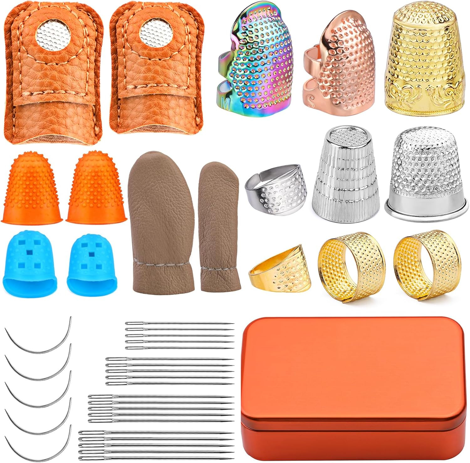 Sewing Thimble Set with Storage Box - Includes Sewing Big Eye Needle, Finger Pro