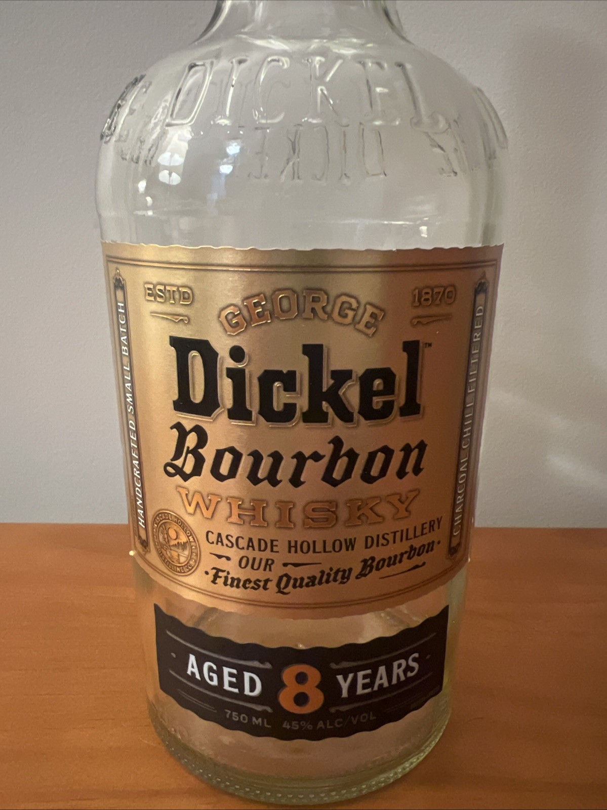 Dickel Bourbon Whiskey, Aged 8 Years Empty Bottle, 750 ML With Cork Unrinsed