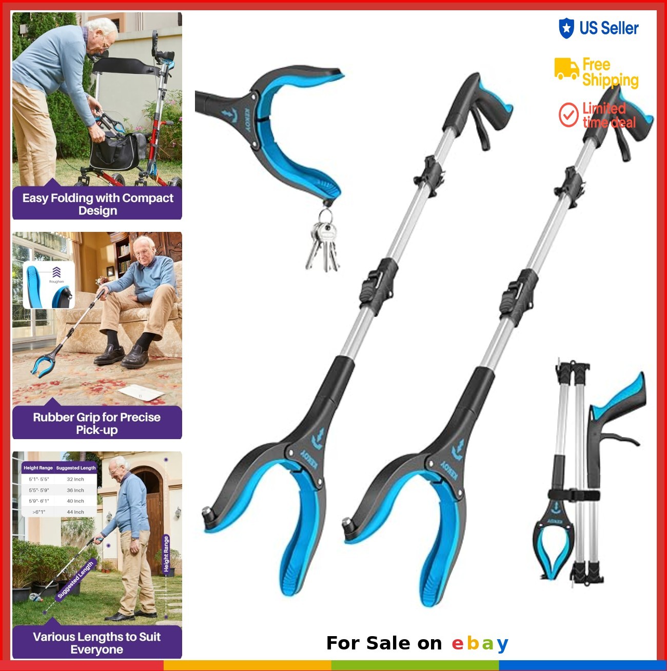 2 Pack Grabber Reacher Tool 36 Inch Foldable Pickup Stick with Rotating Jaw