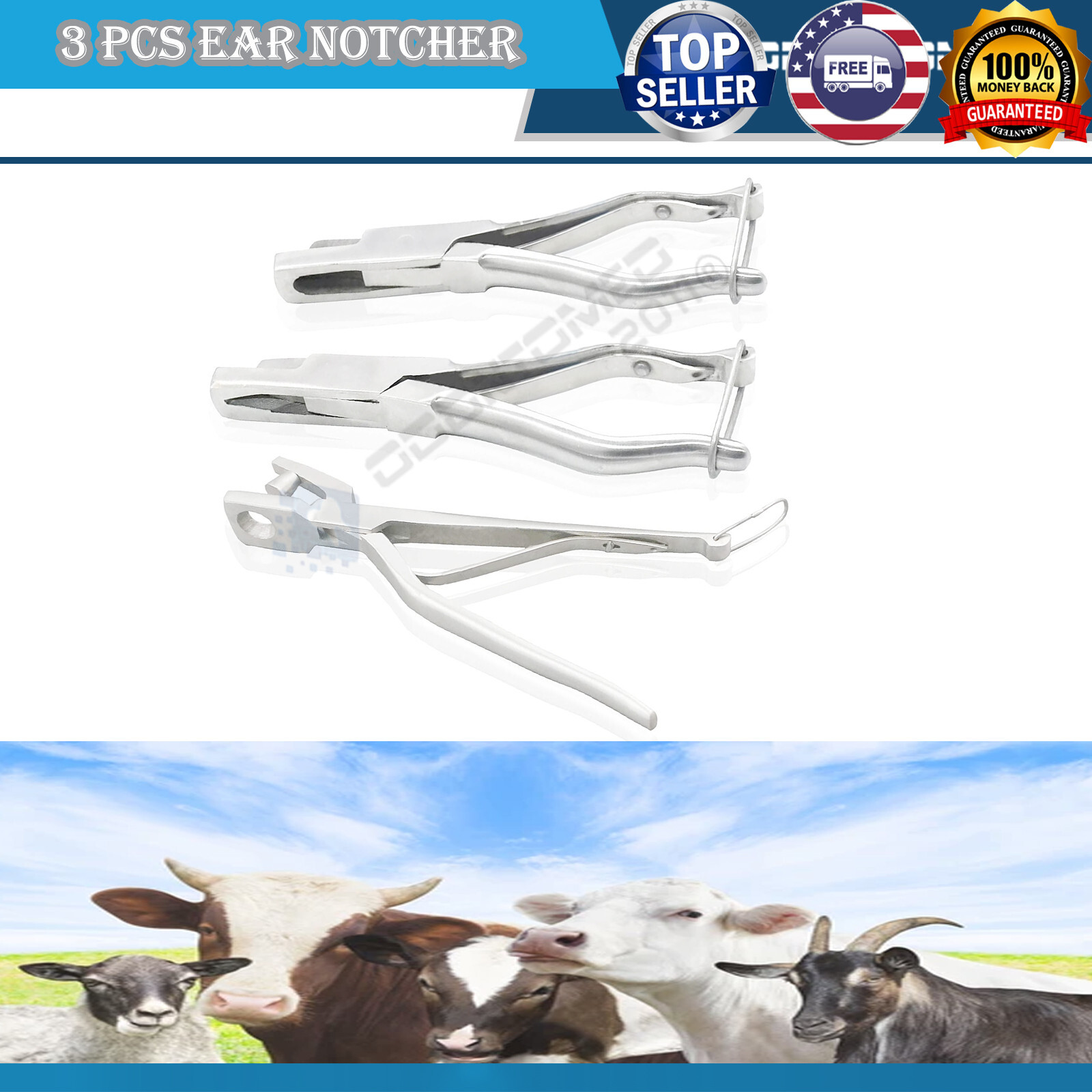 3 PC  PREMIUM BULL EAR NOTCHER U V O SHAPE SHEEP GOAT COW BUFFALO HORSE DOG ODM