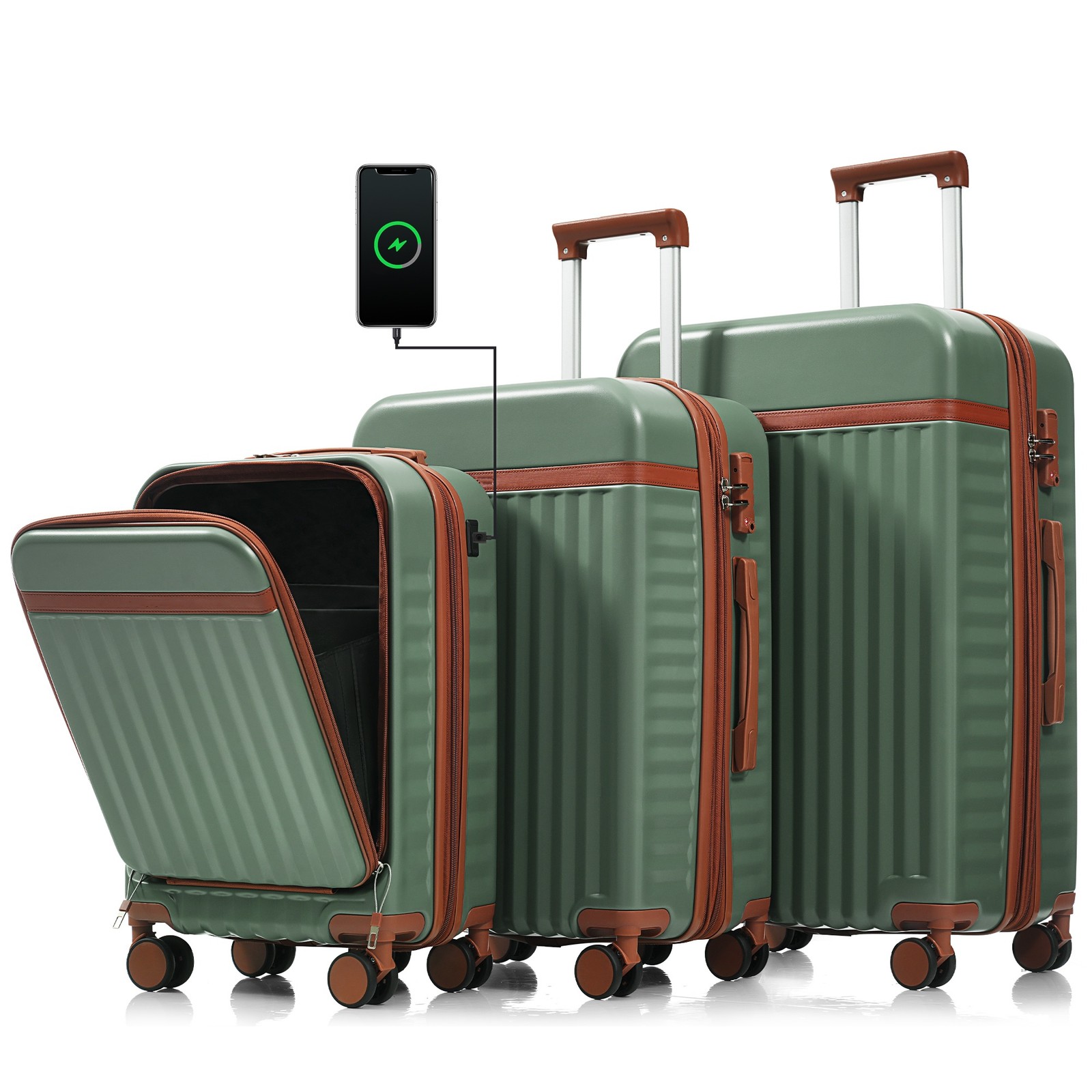 3Pcs 20" 24" 28" ABS Hardside Luggage Set w/ USB Port TSA Lock Expandable Green